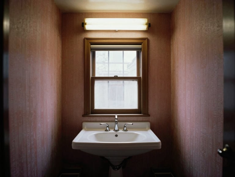 Straight-on architectural shot of a dated 1980s master bathroom, dark cramped layout, dusty pink wallpaper, harsh fluorescent lighting.
