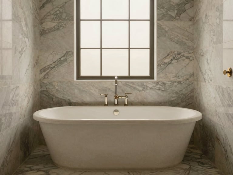 Straight-on architectural photograph of a luxury master bath sanctuary, freestanding stone tub, large format book-matched marble tiles, soft natural light, 35mm lens.