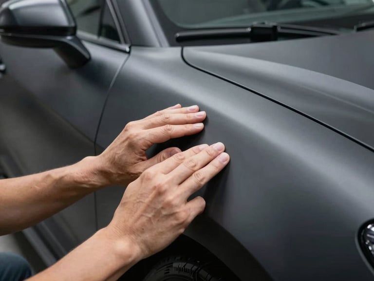 Close-up of hands applying a matte black vinyl wrap to a sports car fender, precise alignment, dramatic workshop lighting