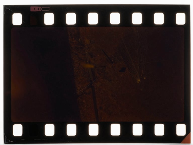 Macro close-up of a damaged 35mm film frame, visible dust, chemical decay, and fading, low-key cinematic lighting, original color degradation