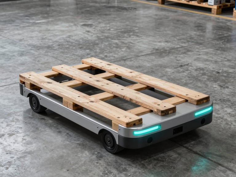 A clean concrete warehouse floor with an automated guided vehicle carrying a pallet, cool silver lighting with turquoise LED indicators on the side, high-contrast industrial shot.