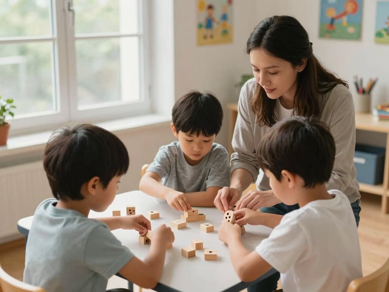 Overhead view of two four-year-old children working together on a counting activity with small wooden blocks on a low table, teacher kneeling beside them, soft daylight from a nearby window, classroom art visible on the wall in the background