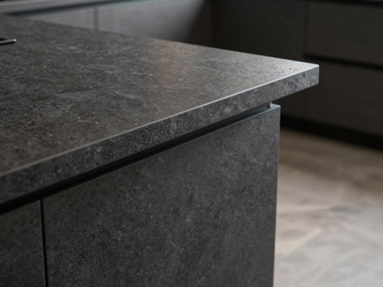 Macro architectural shot of a monolithic kitchen waterfall edge countertop, seamless vertical transition to the floor, dark charcoal solid surface with subtle texture, soft diffused lighting.