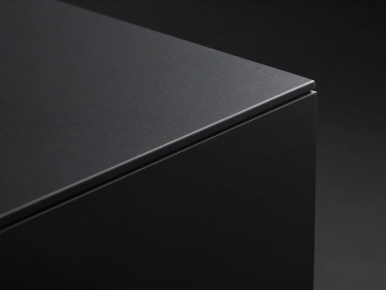 Sleek pure matte black solid surface block, dramatic studio lighting highlighting the perfect seamless curved edge