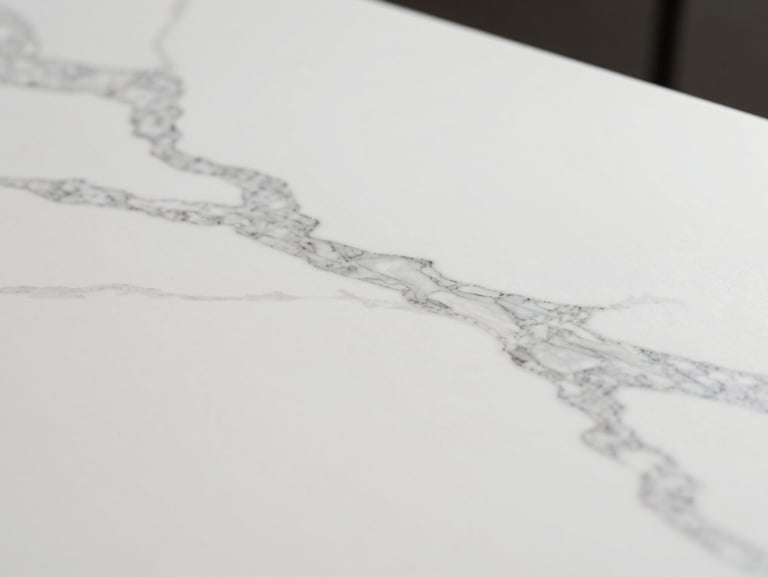 Macro shot of premium white solid surface with elegant grey marble veins, soft architectural lighting, smooth matte finish
