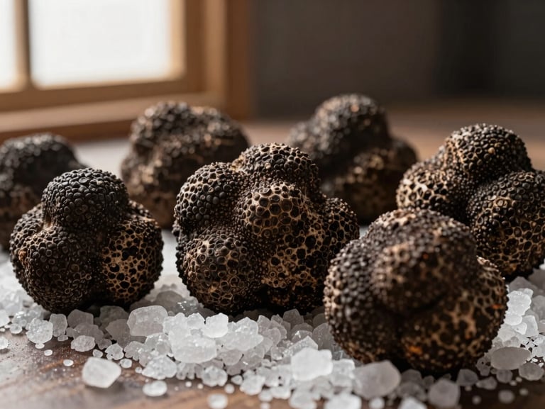 Tactile macro shot of whole black truffles resting on a bed of coarse sea salt, showing rough textured skin, warm side window light, 35mm