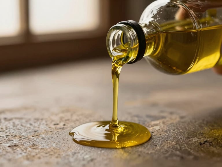 Close-up of golden extra virgin olive oil pouring from a dark glass bottle, creating rich amber pools on a stone surface, warm side lighting, 35mm