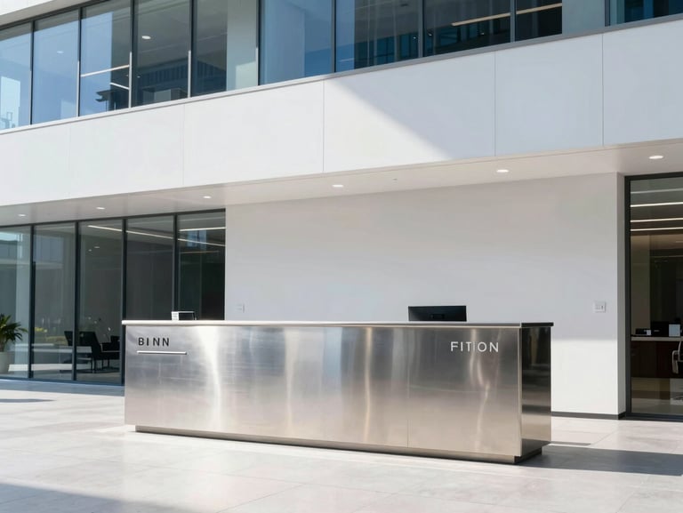 Modern corporate office lobby featuring minimalist reception signage in brushed stainless steel, crisp daylight, architectural interior.