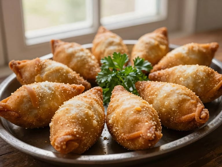 Overhead shot of a rustic platter filled with golden, crispy coxinhas and risoles, warm window light, fresh parsley garnish