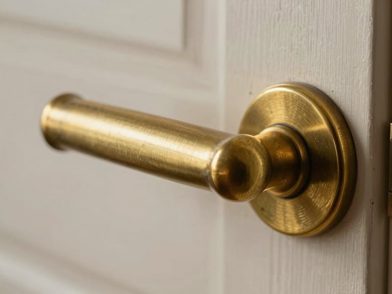 Extreme close-up of a solid brass door lever in north-facing daylight — light grazing the curved surface to reveal casting texture, door edge visible showing timber thickness and lacquer depth, shallow depth of field