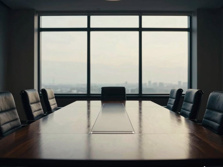 Dramatic side-lit architectural wide shot of an empty high-end corporate boardroom, polished dark wood table reflecting soft window light, deep navy and gold tones, 35mm lens.
