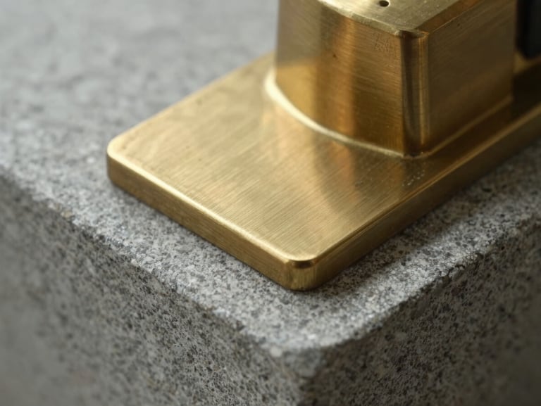 Macro detail of high-quality brushed brass and grey stone texture, natural soft side lighting