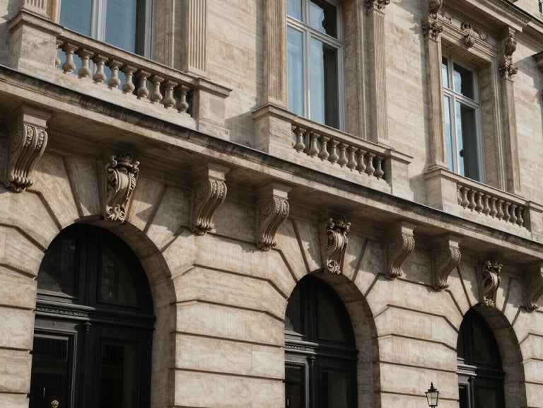 Macro shot of a Haussmannian stone facade in Paris, soft diffused morning light, deep architectural shadows, elegant classical details