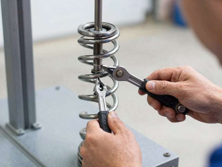 Close-up of a high-tension steel garage door spring being calibrated by a technician's hands using professional tools, bright natural daylight, sharp focus, 35mm.