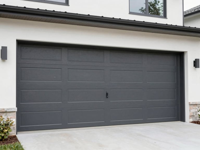 A wide-angle shot of a newly installed modern charcoal-colored sectional garage door on a contemporary Portland home, bright daylight.