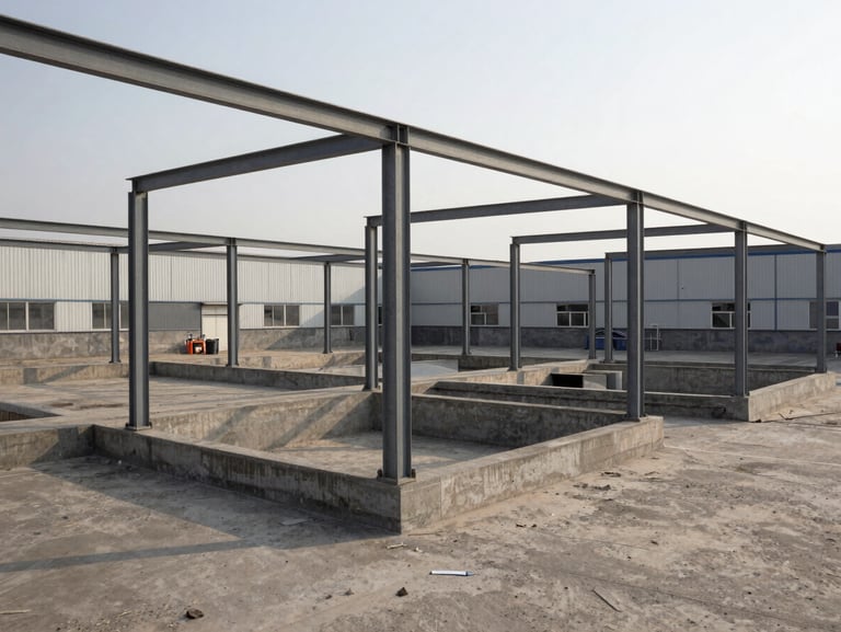 Industrial commercial site with concrete foundations and steel columns, overcast dawn lighting, high-contrast gritty documentary style.