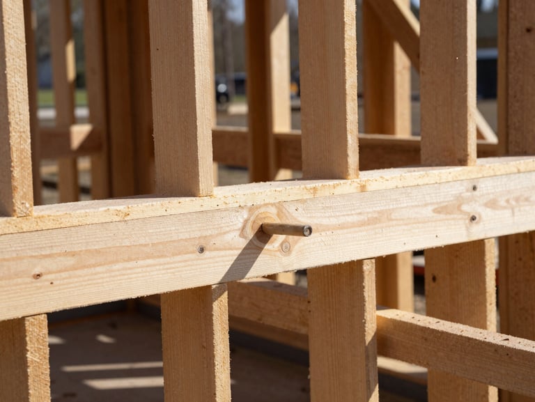 Close-up of raw timber framing on a residential build, harsh natural daylight casting sharp structural shadows, 35mm lens.