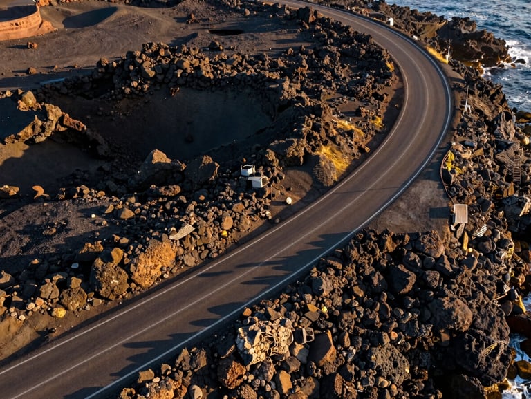 Crisp top-down aerial drone photograph of a coastal highway winding through dark volcanic rocks, golden hour light highlighting the asphalt texture.