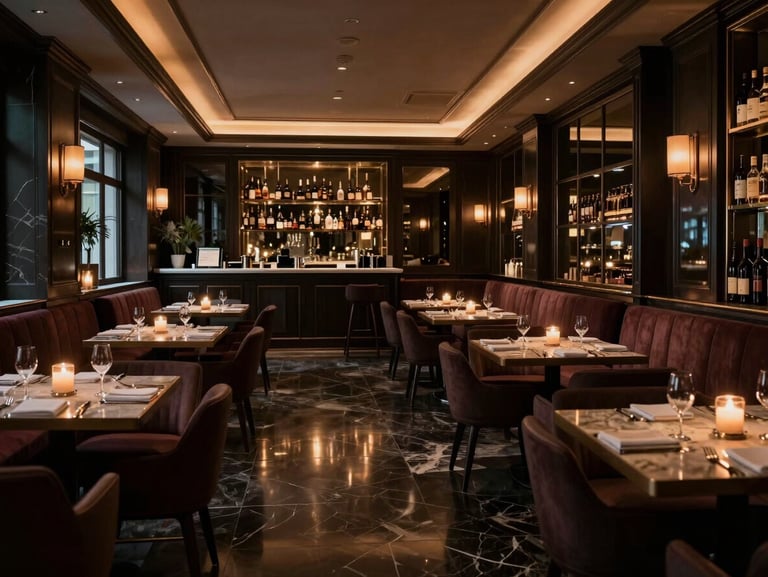 Ultra-wide anamorphic crop of a luxury restaurant interior, moody low-key lighting, warm candlelight reflecting on dark marble, rich hospitality details