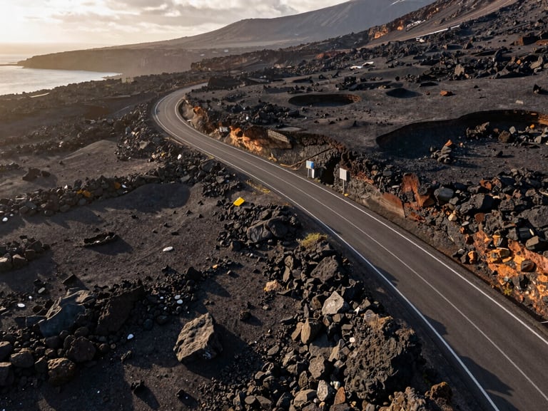 Crisp top-down aerial drone photograph of a coastal highway winding through dark volcanic rocks at golden hour, high contrast