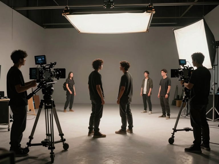 Wide anamorphic frame of a commercial film set, actors positioned under dramatic overhead lighting, camera crew visible in low-key silhouette.