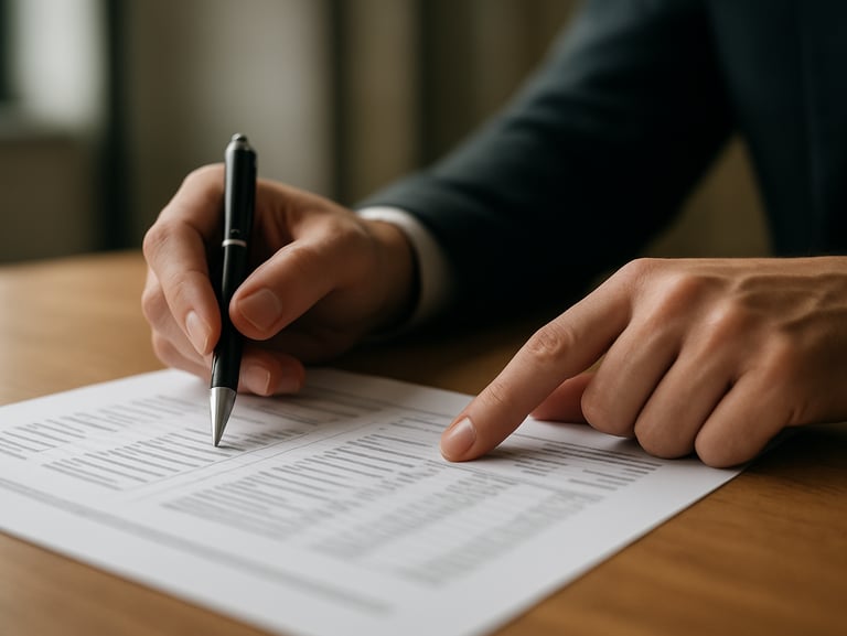 Close-up of hands on a desk, one hand holding a pen above a printed document with two columns of financial options, the other hand pointing at a specific line item — north-facing natural light, institutional interior background softly out of focus