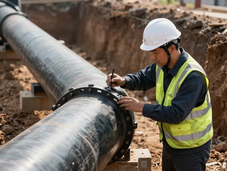 An engineer in a white hard hat inspecting an electrofusion joint on a massive black pipeline in an open trench site, daylight