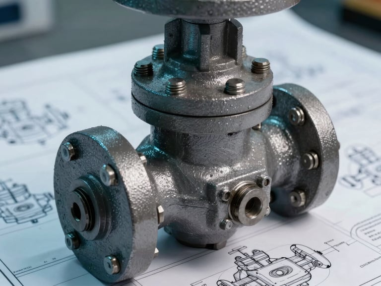 Close-up shot of a heavy-duty cast iron valve on a technical blueprint schematic, industrial gray and cyan tones, sharp focus on mechanical bolts.