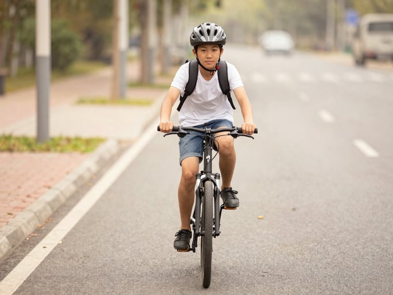 A teenager cycling confidently along a designated city cycle lane, wearing a helmet, carrying a backpack, warm overcast light, shallow depth of field