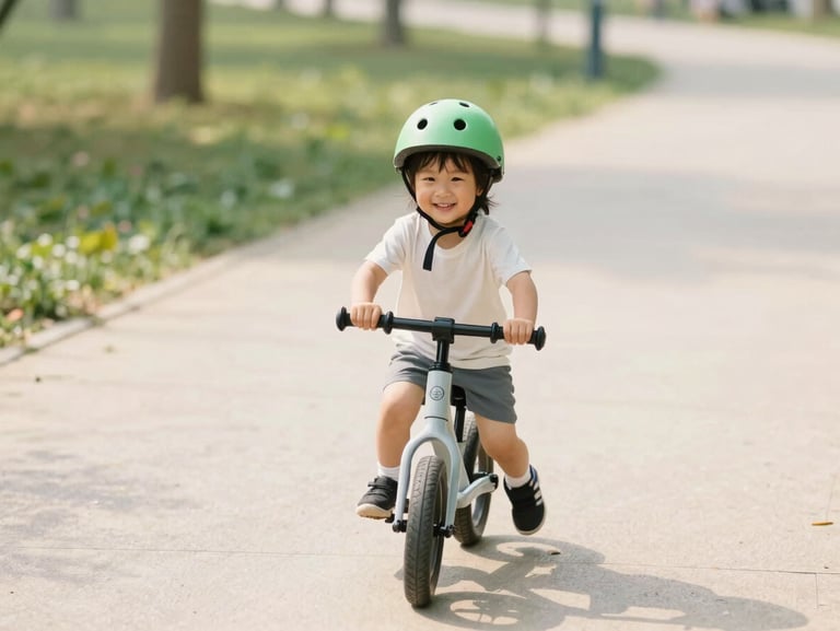 Candid medium shot of a young child smiling while riding a small balance bike on a sunny park path, wearing a green helmet, soft natural daylight, 35mm