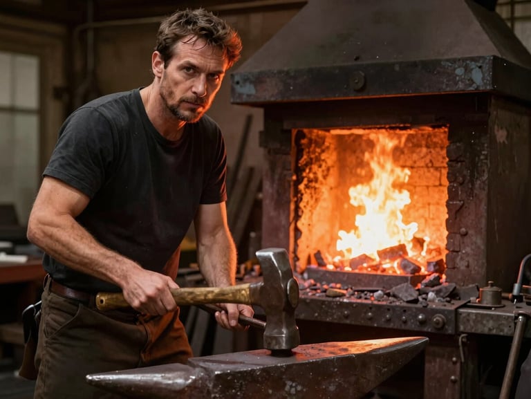 A blacksmith in a dark workshop lit only by the orange glow of a coal forge, holding a heavy hammer over an anvil, looking directly at the camera.