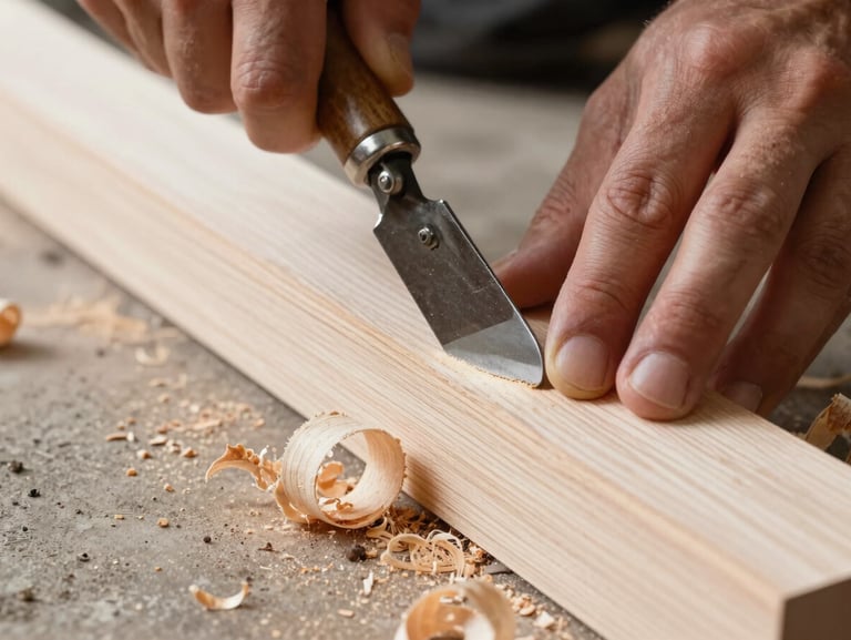 Extreme close-up of a woodworker's hands using a traditional drawknife to shape a white oak timber, wood shavings curled on a dusty concrete floor.