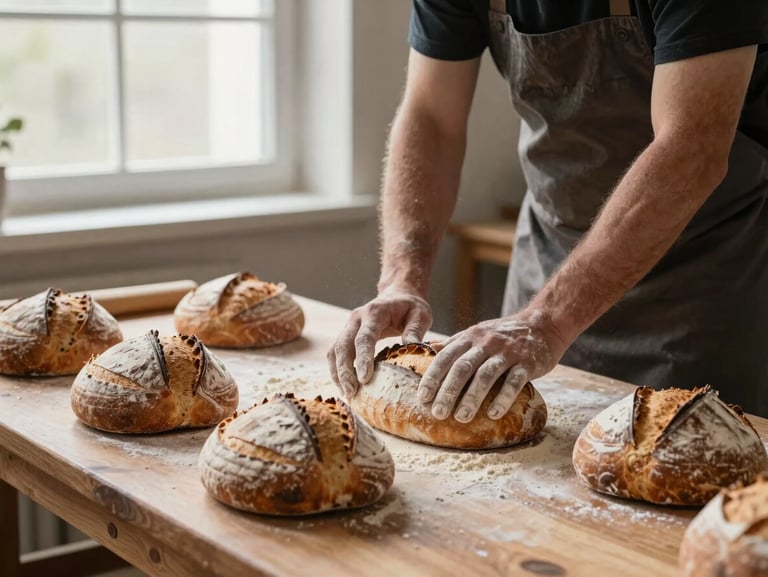 A baker with flour-dusted forearms shaping sourdough loaves on a thick wooden bench under soft morning light from a high window.