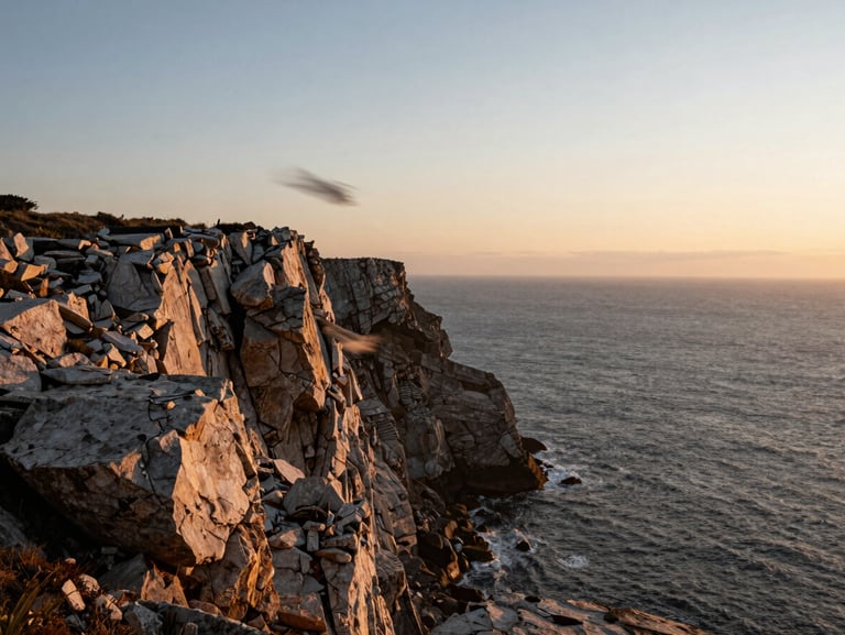 Soft golden hour light over a rugged coastal cliff, wind blowing a veil, raw textures of stone and sea, quiet solitude.