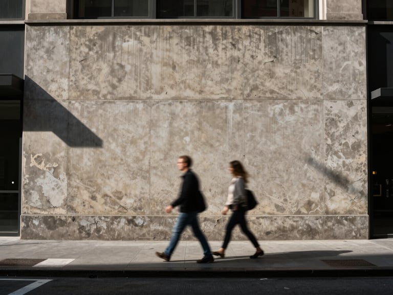 Harsh direct sunlight hitting a concrete facade in New York, a couple caught in motion blur crossing the street, high-contrast shadows.