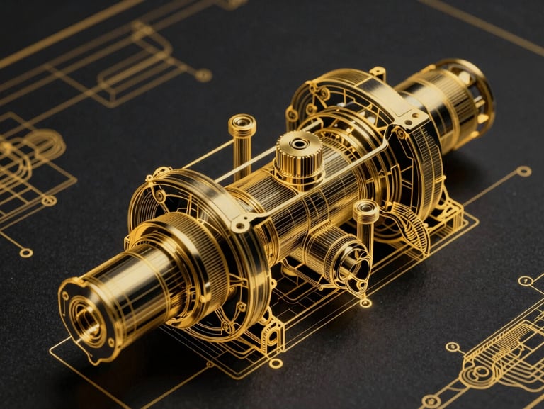 Technical blueprint of a mechanical assembly, fine gold lines on a dark background, crisp engineering detail, architectural style, editorial corporate photography, 35mm
