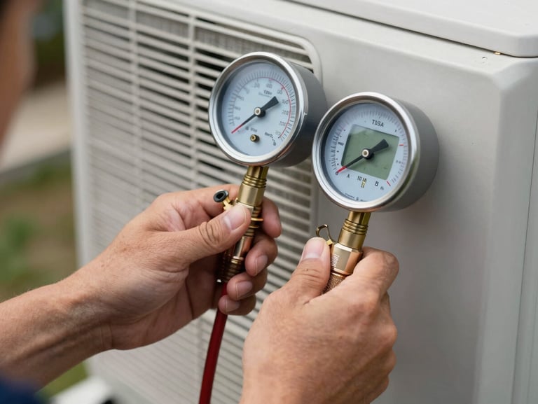 Close-up of a TSSA-licensed technician's hands adjusting a digital manifold gauge connected to an outdoor AC unit, crisp daylight, focus on the technical display.