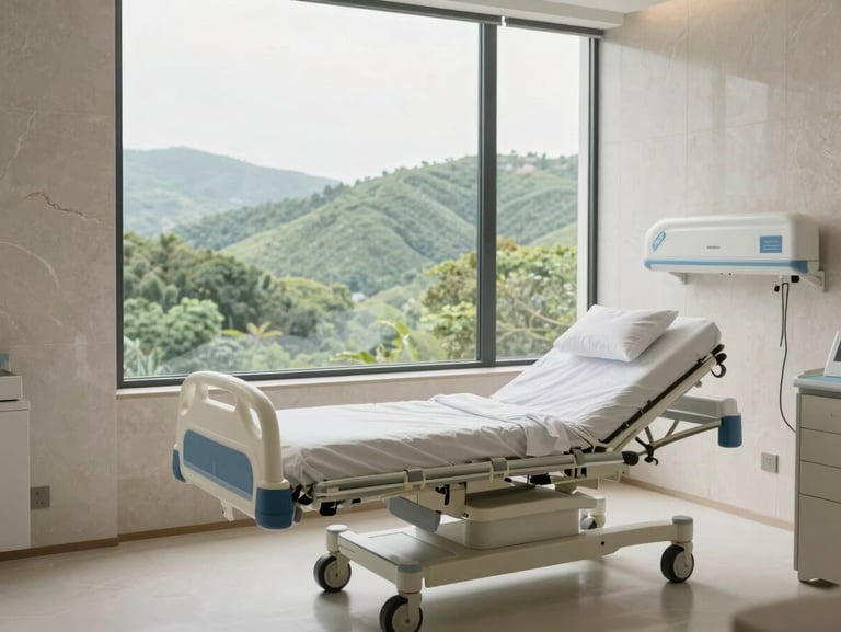 Serene private recovery suite overlooking lush hills, minimalist travertine walls, soft natural daylight, premium medical bed.