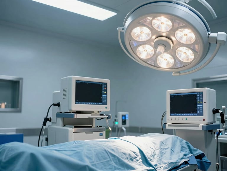 Pristine state-of-the-art operating theater with modern surgical equipment, clean clinical lighting, soft blue and metallic tones, emphasizing absolute sterility and advanced medical technology.