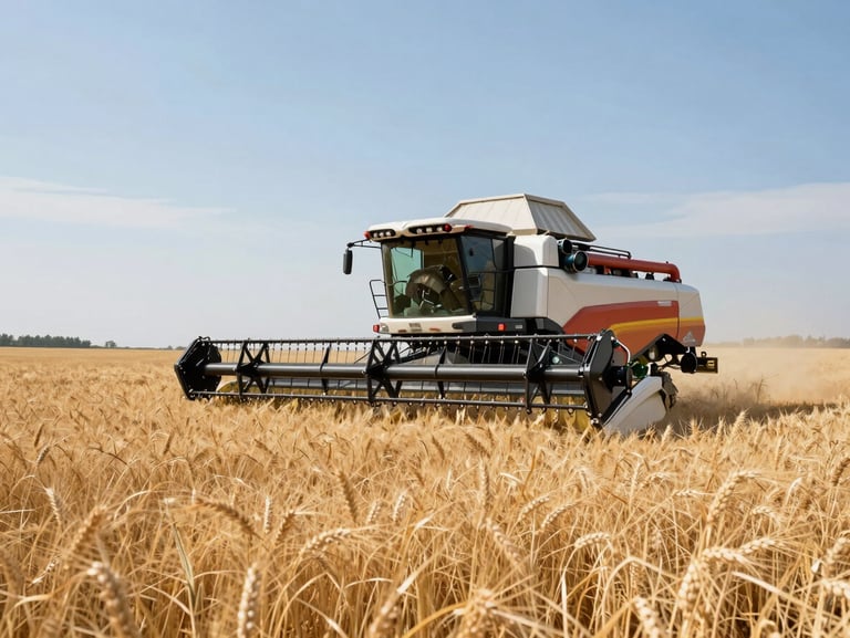 GPS-guided modern harvester working in a vast golden wheat field under clear blue sky, clean composition