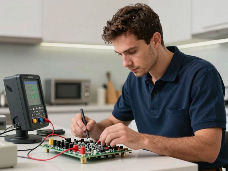 A clean, uniformed technician in a navy blue polo focused on testing a digital control board with a multimeter inside a modern Abu Dhabi kitchen