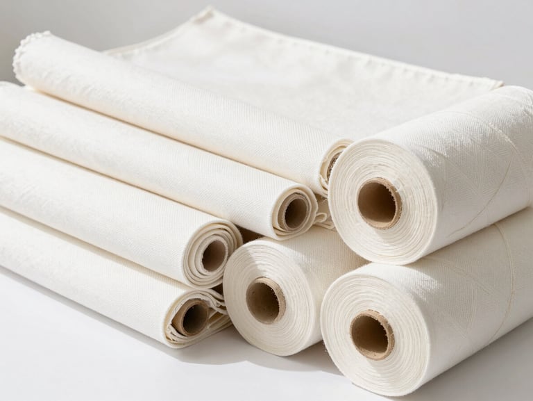 Bright natural daylight photo of cotton fabric rolls and canvas weaves stacked neatly in a clean textile workshop, soft shadows, 50mm
