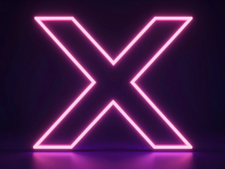 Abstract digital rendering of a glowing neon X structure, sharp architectural geometry, dark low-key studio lighting, electric pink and violet edge lights, ultra-wide negative space.