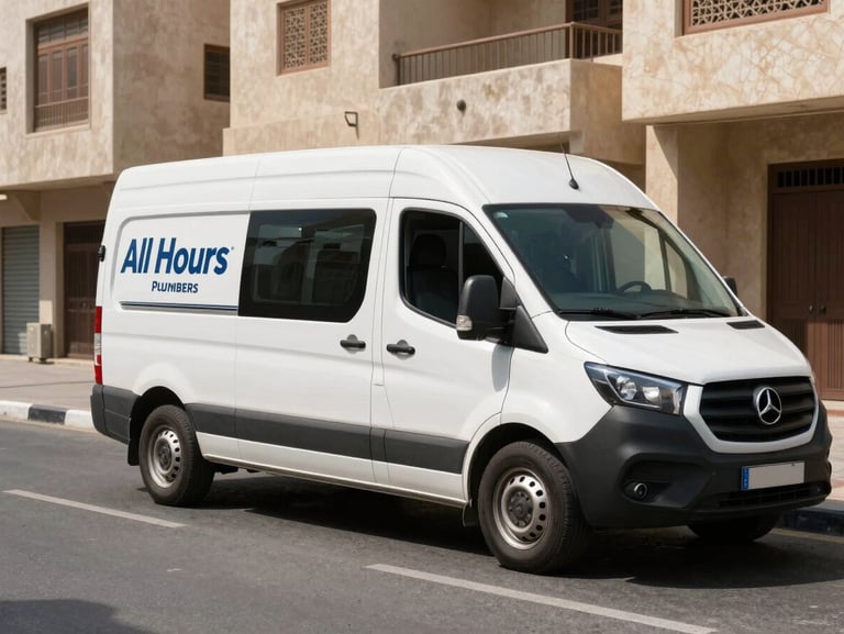 A clean, liveried All Hours Plumbers service van parked on a sunny street in Deira, high-contrast direct daylight, wide environmental shot