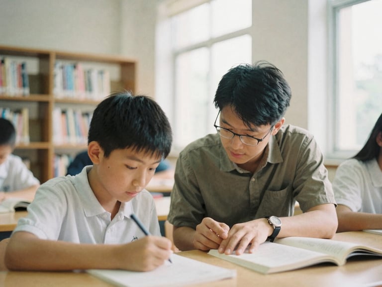 Candid 35mm film photo of an active tutoring session, soft natural daylight illuminating a mentor guiding a student in a library.