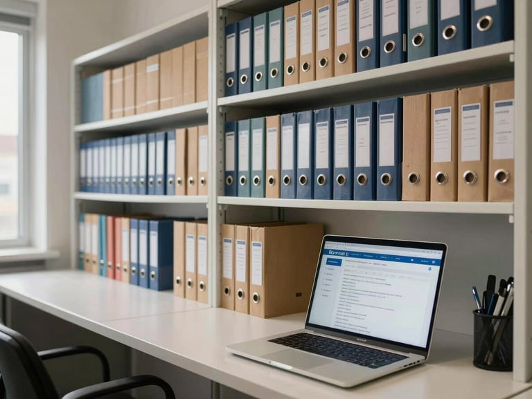 Wide shot of an organized filing workspace, labeled folders arranged in rows on a clean shelf, a laptop open to a bureau portal screen, flat north-facing daylight from the left, no people visible