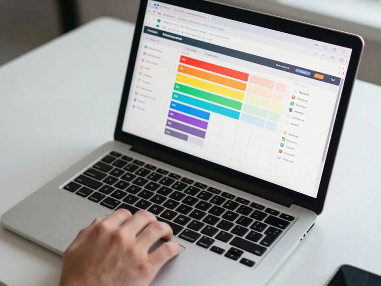 Close overhead shot of a laptop screen displaying a live CRM pipeline dashboard with color-coded deal stages, a hand resting on the trackpad, clean white desk surface under cool office lighting