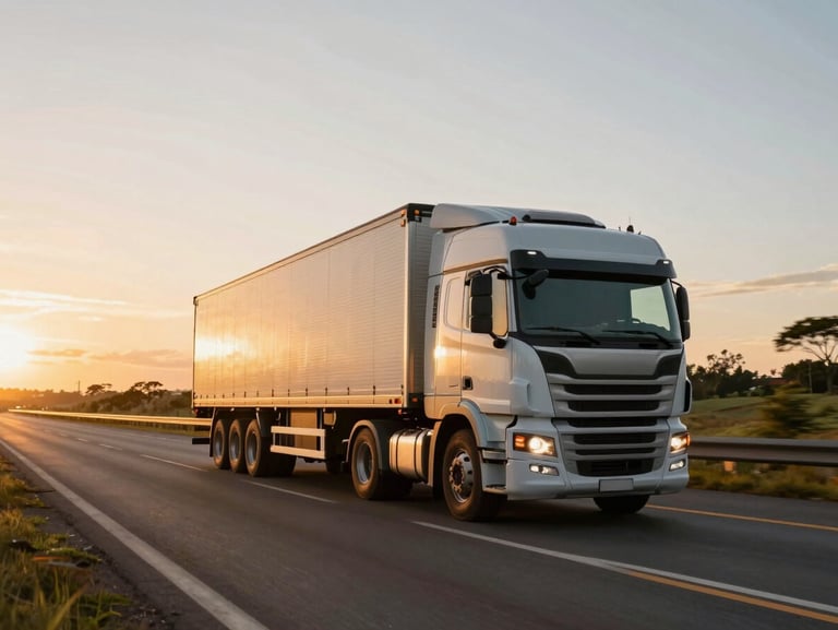 Wide panoramic Brazilian highway at sunset, a modern semi-truck moving cargo, warm golden light on the cabin, clean asphalt.