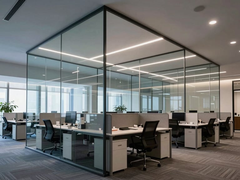 Wide professional office interior with geometric glass panels, clean desks, and blue-toned corporate lighting, emphasizing structure and privacy.