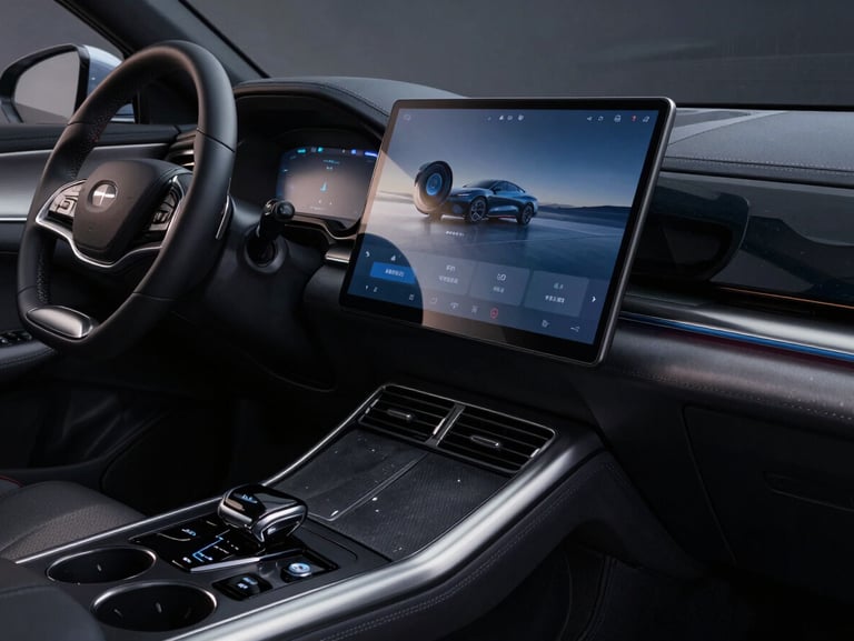 Macro shot of the modern center console and rotating touchscreen dashboard of a BYD car, dramatic studio lighting with high-contrast reflections, sharp metallic details.